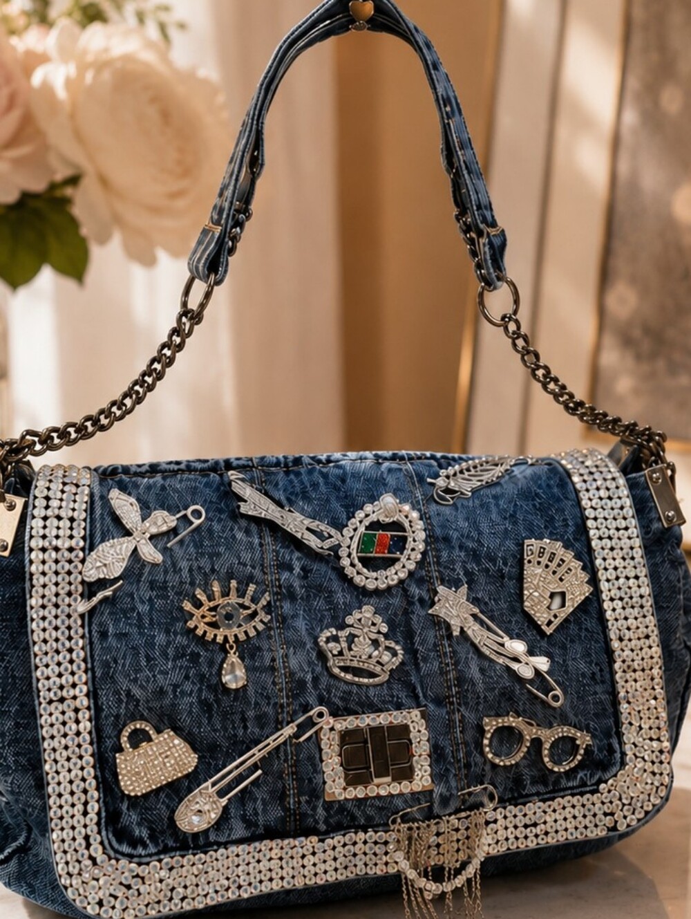 Y2K BLING RHINSTONES Denim Shoulder Bag in Dark Blue